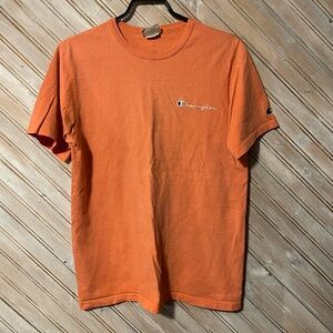 Vintage faded orange Champion T shirt distressed embroidered logo medium peach